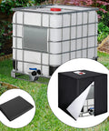 Durable Oxford IBC Tote Tank Cover For 330 Gallon Totes Dust Proof Shield Keeps Your Container Clean And Secure UN Approved Weather Resistant Storage Protector Indoor Outdoor Use black cover on 330-gallon IBC tote