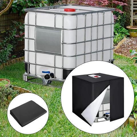 Durable Oxford IBC Tote Tank Cover For 330 Gallon Totes Dust Proof Shield Keeps Your Container Clean And Secure UN Approved Weather Resistant Storage Protector Indoor Outdoor Use black cover on 330-gallon IBC tote