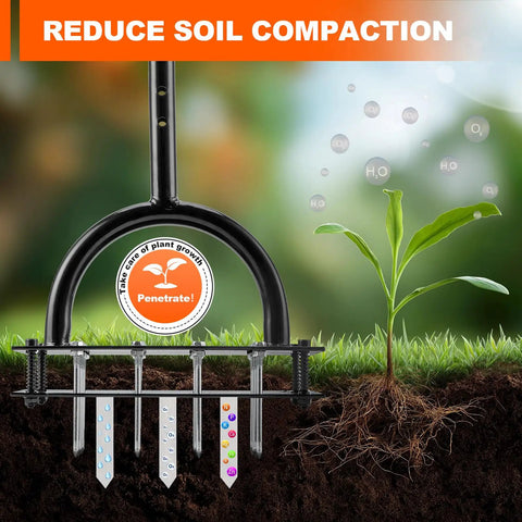 Your Go To Lawn Aerator Tool With 16 Iron Spikes And Ergonomic T Handle for deep soil loosening shown improving plant growth.