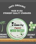 Kick Back With Premium Organic Wood Butter 5oz Game Changer Conditioner Cream Featuring Pure Beeswax and Coconut Oil for Cutting Boards Food Safe Finish to Keep Your Gear Looking Fresh Veteran Owned Crafted Right Here in USA in a round container with palm tree design.