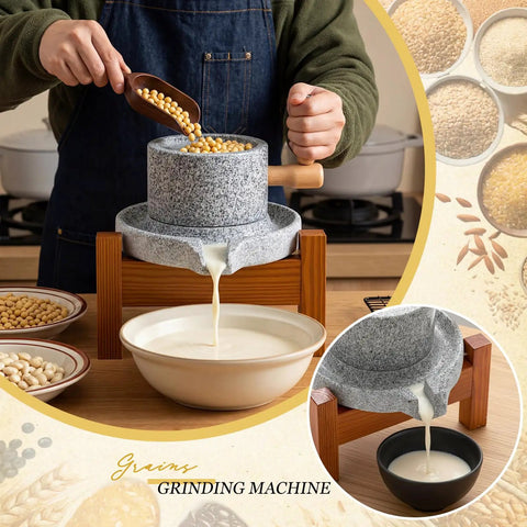 Hand-cranked stone grain mill grinder for home use with solid wood base, grinding grains into fresh flour for bread and tortillas.