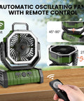 Camping Fan With LED Lantern And 30000mAh Battery, Rechargeable Tent Oscillating Fan with remote on a wooden surface