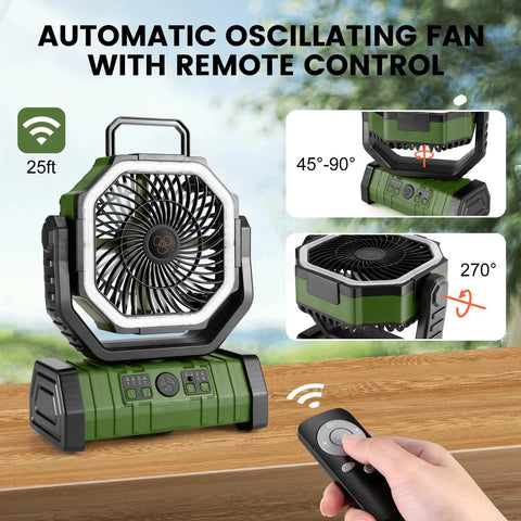 Camping Fan With LED Lantern And 30000mAh Battery, Rechargeable Tent Oscillating Fan with remote on a wooden surface