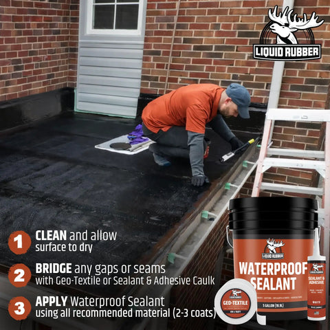 Person applying DIY Waterproof Sealant For Flat, Metal And Low Slope Roofs, Foundations, Gutters And More, Flexible Rubber Membrane, Black Finish