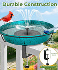Built Tough Deck Mounted Bird Bath For Balcony Railing With Adjustable Secure Clamp Outdoor Metal Birdbath Lake Blue with bird and dragonfly.