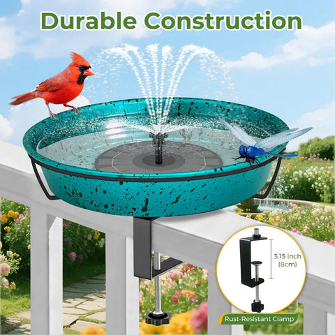 Built Tough Deck Mounted Bird Bath For Balcony Railing With Adjustable Secure Clamp Outdoor Metal Birdbath Lake Blue with bird and dragonfly.