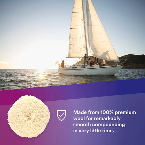 9 Inch Wool Compounding Pad For Auto Body Polishing And Buffing, White Double Sided Pad For Cars Boats RVs, against a sailing backdrop