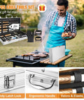Man grilling with 38 Piece Stainless Steel BBQ Grill Tools Set with aluminum case and grill accessories.