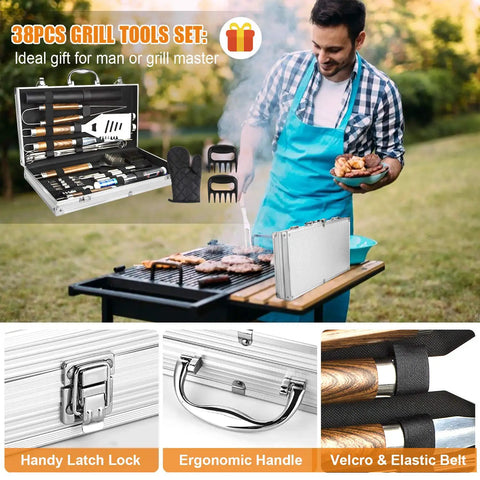 Man grilling with 38 Piece Stainless Steel BBQ Grill Tools Set with aluminum case and grill accessories.