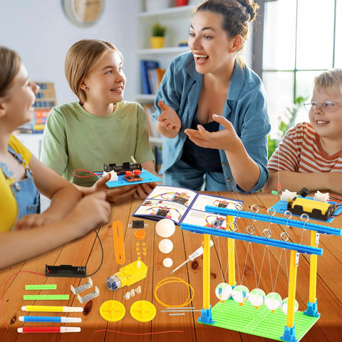 Hands On Five Model STEM Science Kit For Kids Ages 6 7 8 9 10 11 12 Featuring Telegraph Newtons Cradle Sun Earth Moon Orbit Model And More Educational Engineering Toys For Boys And Girls displayed with children learning.