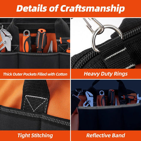 Details of craftsmanship in Heavy Duty Tool Tote Bag 14 Inch With Thick Outer Pocket Waterproof Organizer and ring details.