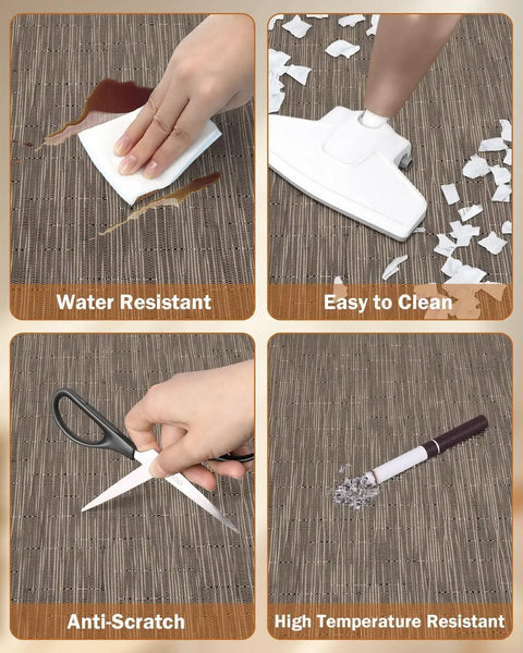 Four uses of Large Office Chair Mat For Hardwood Floors 35.4 By 47.2 Inches Anti Slip PVC Desk Rug shown: water resistant, easy to clean, anti-scratch, high temperature resistant.
