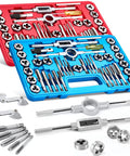 Heavy Duty 80 Piece Tap And Die Set With SAE And Metric Threads in 52100 Bearing Steel CNC Machined for metalworking in red and blue cases