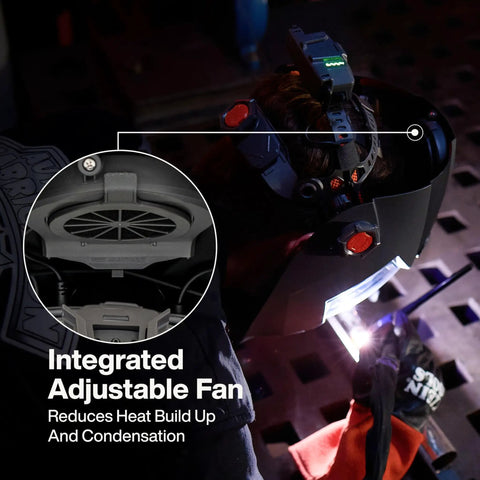 Panoramic Welding Helmet With True Color Auto Darkening Filter Three Window Design Built In Cooling Fan And LED Headlamp ANSI Z87.1 Plus Certified Ideal For Pros And DIYers, showing integrated adjustable fan in use.