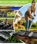 Woman using 6 Foot Lawn Leveling Rake With 17 By 10 Inch Head For Smooth Grass Soil Dirt And Sand, Long Handle Ground Leveler