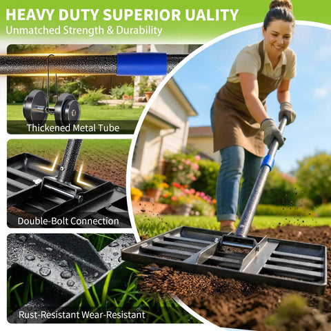 Woman using 6 Foot Lawn Leveling Rake With 17 By 10 Inch Head For Smooth Grass Soil Dirt And Sand, Long Handle Ground Leveler