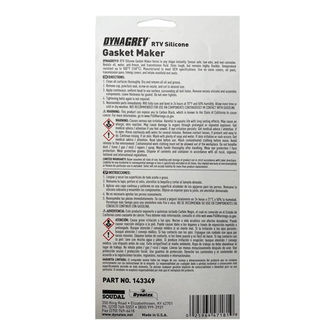 Back view of Dynatex Dynagrey RTV Silicone Gasket Maker 85g Tube Low Odor O2 Sensor Safe Non-Corrosive Sealant Designed For OEM Spec And Gearhead Approved High Torque Engines Made In USA packaging