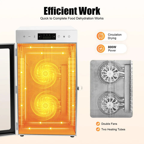 Heavy Hitter 18 Tray Food Dehydrator Machine Featuring No Sweat Touch Controls showing internal fans and heating tubes.