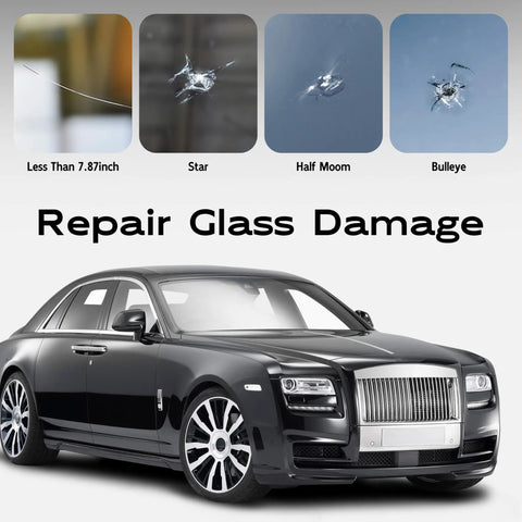 Image showing car with windshield chip examples labeled less than 7.87 inch, star, half moon, bullseye for Windshield Chip And Crack Repair Kit With Glass Repair Resin, Rapid Fix For Bullseye And Star Cracks, Includes Suction Base For Quick Clear Drivable Repairs In 20 To 30 Minutes