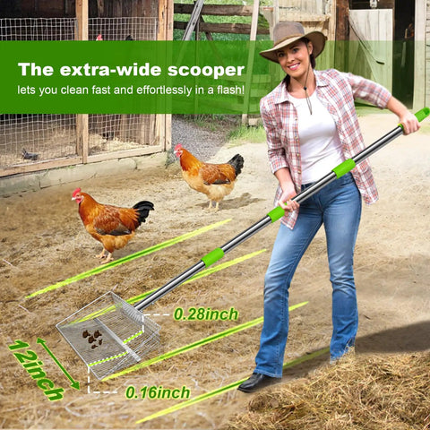 Woman using Large Chicken Poop Scooper With Stainless Steel Handle, 4 In 1 Litter Sifting Shovel in coop, adjustable length shown