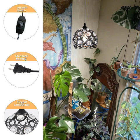 Black Crystal Plug In Chandelier With 13.12ft Cord And On And Off Switch Easy Setup Hanging Pendant Light in a room with plants