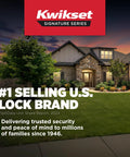 Kwikset Signature Series house exterior with #1 selling U.S. lock brand text and trees at sunset