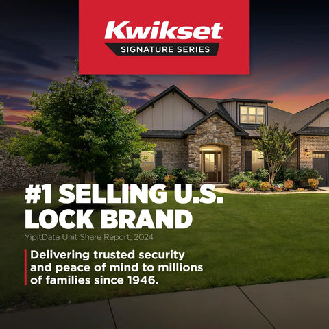 Kwikset Signature Series house exterior with #1 selling U.S. lock brand text and trees at sunset