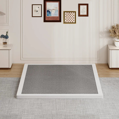 King Size 2 Inch Low Profile Box Spring Heavy Duty Bunkie Board Mattress Foundation With Fabric Cover in modern room setting.