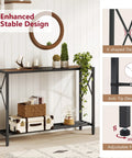 Smooth Vibes Two Tier Industrial Console Table With Open Storage Shelves For Tight Hallways Rustic Wood Surface Heavy Steel Legs Built Damn Tough No Hassle Setup Living Room Corner Unit featuring stable X-shaped design and adjustable feet.