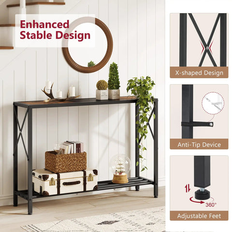 Smooth Vibes Two Tier Industrial Console Table With Open Storage Shelves For Tight Hallways Rustic Wood Surface Heavy Steel Legs Built Damn Tough No Hassle Setup Living Room Corner Unit featuring stable X-shaped design and adjustable feet.