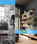Before and after space with hidden black metal L shelf brackets set 10 inch thick for wood shelves showcasing tidy room.