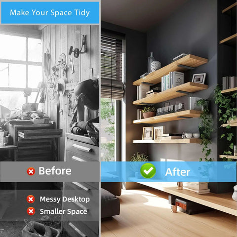 Before and after home workspace with Beefy 12 Inch Floating Shelf Brackets 6 Pack Black Metal L Brackets for Wood Shelves One Fifth Inch Thick Heavy Duty Shelf Supports Up To 160 Lbs Each showcasing organized books and decor.