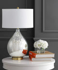 Mercury Silver Glass Teardrop Table Lamp With White Linen Drum Shade For Living Room Or Bedroom Dope Glam Transitional Bedside Lighting With Brass Gold Accents And Included LED Bulb on a white table