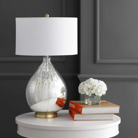 Mercury Silver Glass Teardrop Table Lamp With White Linen Drum Shade For Living Room Or Bedroom Dope Glam Transitional Bedside Lighting With Brass Gold Accents And Included LED Bulb on a white table