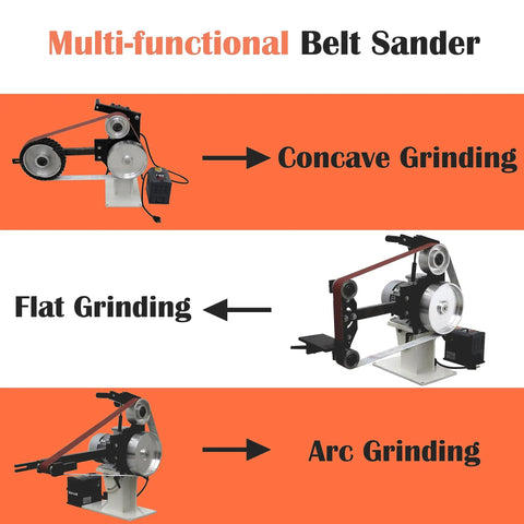 Heavy Duty 1500W Bench Belt Sander Variable Speed Vertical Horizontal Sanding Tool For Precision Metalworking and Custom Knife Making, shows concave, flat, and arc grinding options.