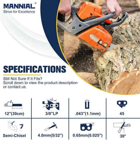 Heavy Duty 12 Inch Chainsaw Chain Kit 3 Pack With Sharpening Kit For Dewalt DCCS620B DCCS620P1 DWO1DT612 Low Kickback Replacement Chain 3/8 LP Pitch.043 Gauge 45 Drive Links Fits E GO CS1201 specifications image showing chainsaw cutting log and feature icons at the bottom.