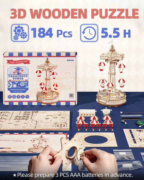 3D Wooden Puzzle Kit For Adults With LED Music Box, Buildable Wood Model, Parachute Display, A Fun DIY Gift For Teens And Adults, Must Have Christmas Toy, Easy To Follow Instructions, Great Brain Teasers, 184 pcs, 5.5 h