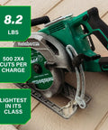 36V Cordless Circular Saw With Battery Pack Lightweight Rear Handle Design shown cutting wood, 8.2 lbs indicated