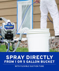 Pro Grade Airless Paint Sprayer With Fully Adjustable Pressure And A Rugged Stainless Steel Piston Pump. Spraying directly from bucket.