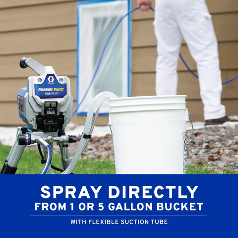 Pro Grade Airless Paint Sprayer With Fully Adjustable Pressure And A Rugged Stainless Steel Piston Pump. Spraying directly from bucket.