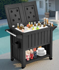 85 Quart Rolling Patio Cooler On Wheels With Drainage And Bottle Opener Open Storage And Bottom Shelves For Pool Deck Parties Outdoor BBQs Beverages Ice Chest Cart With Trash Can Spice Rack And Extra Storage by a pool