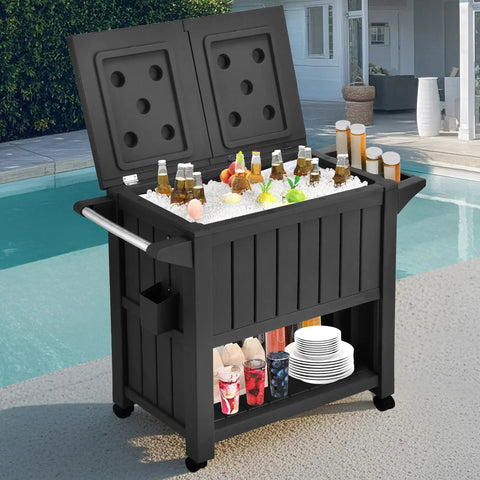 85 Quart Rolling Patio Cooler On Wheels With Drainage And Bottle Opener Open Storage And Bottom Shelves For Pool Deck Parties Outdoor BBQs Beverages Ice Chest Cart With Trash Can Spice Rack And Extra Storage by a pool