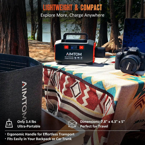 Portable Power Station 173Wh With 200W Peak 250W Surge USB C And USB A Ports on outdoor table with camera
