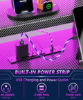 Built-in power strip on 40 Inch L Shaped Gaming Desk With Power Outlet And LED Lights Carbon Fiber Textured Corner Computer Desk.