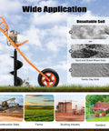 Powerful Gas Powered Earth Auger Post Hole Digger 63cc 3HP 2 Stroke with 11 Inch Bit in garden with wheel transport