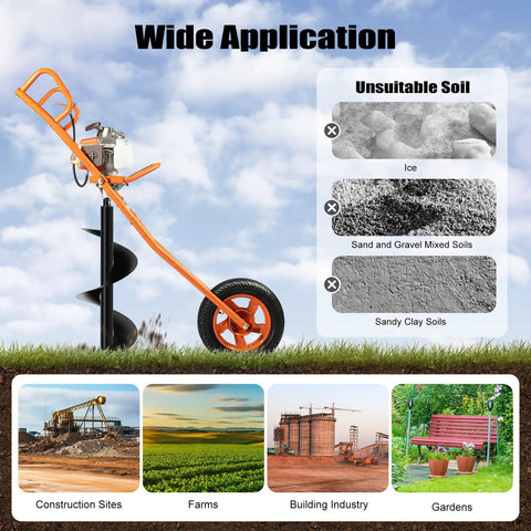 Powerful Gas Powered Earth Auger Post Hole Digger 63cc 3HP 2 Stroke with 11 Inch Bit in garden with wheel transport