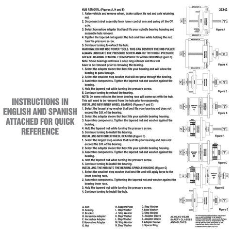 Master Wheel Bearing Removal Tool instructions in English and Spanish with parts list and diagrams for reference
