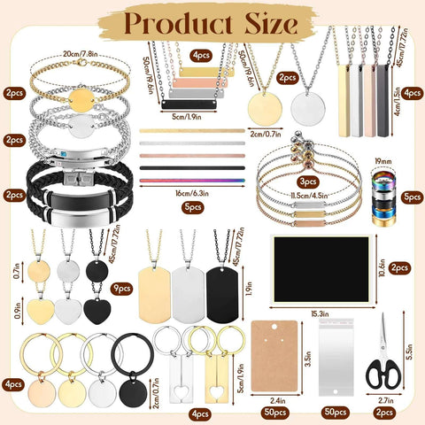 Quelay 99-pc laser engraving jewelry kit with assorted chains, pendants, tags, rings and keychains plus engraving paper