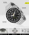 Run The Street With This Badass 44 Mm Men's Watch Featuring A Gearshift Inspired Face Premium Stainless Steel Bracelet And Bold Black Dial For Daily Quartz Performance, showcasing a black dial with tachymeter and silver stainless steel band.