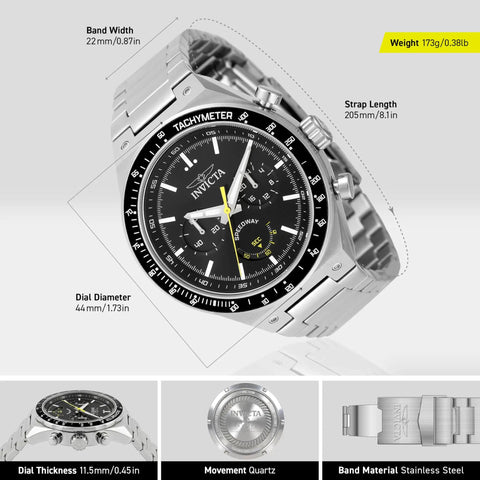 Run The Street With This Badass 44 Mm Men's Watch Featuring A Gearshift Inspired Face Premium Stainless Steel Bracelet And Bold Black Dial For Daily Quartz Performance, showcasing a black dial with tachymeter and silver stainless steel band.
